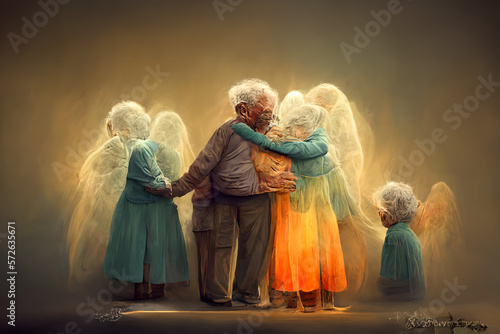 grandchildren, boys and girls, reunite with the guardian grandparents, nana and papa, who are now angels in heaven, protecting their family from above photo