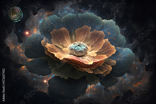 Portrait shallow Depth of field cosmic flower blooming in space, wet and colorful, all the colors of the universe are in it, spiritual growth photo