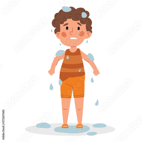 Wet rainy child. Boy in bad weather wet. Cartoon vector illustration