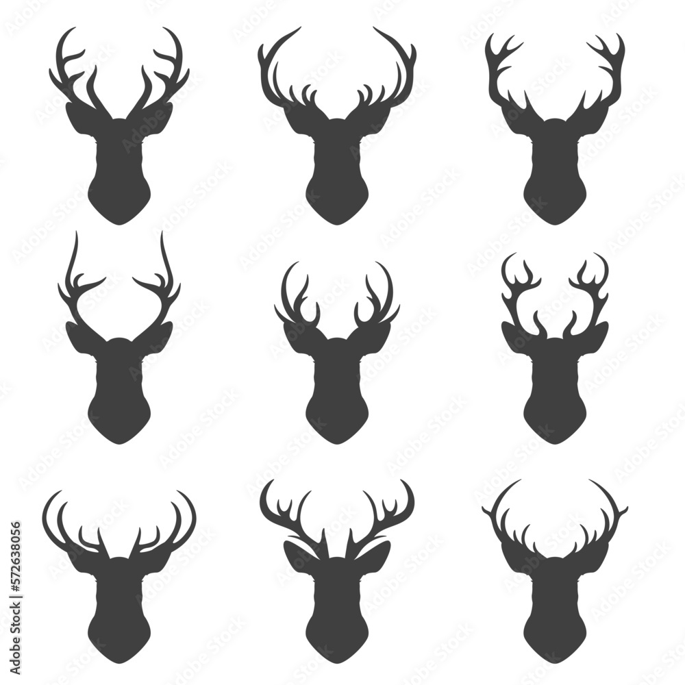 Naklejka premium Vector Reindeer Horns, Antlers. Deer Horn Silhouettes. Hand Drawn Deers Horn, Antler Set. Animal Antler Collection. Design Elements of Deer. Wildlife Hunters, Hipster, Christmas and New Year concept