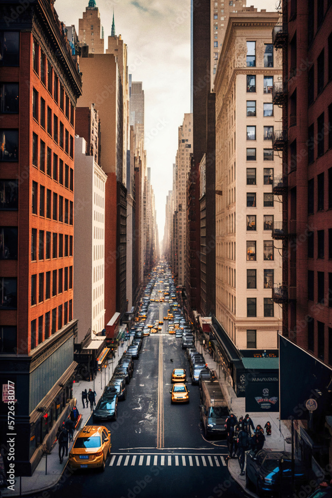 Obraz premium View of a New York City street and its skyscrapers - generative ai