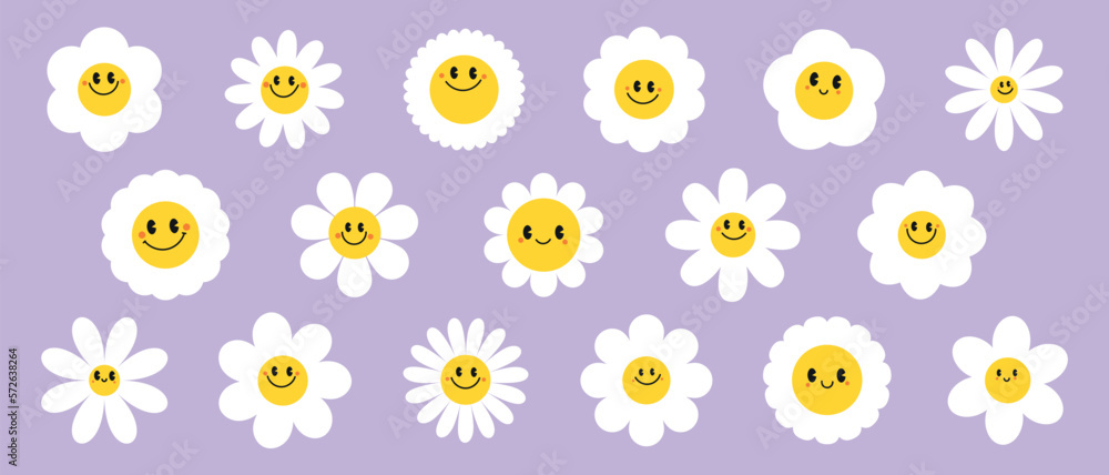 Groovy daisy flowers face collection. Retro chamomile smiles in cartoon style. Happy stickers set from 70s. Vector graphic illustration