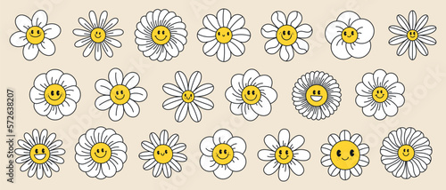 Groovy daisy flowers face collection. Retro chamomile smiles in cartoon style. Happy stickers set from 70s. Vector graphic illustration