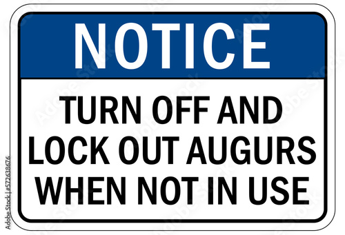 Grain silo hazard sign and labels turn off and lock out augurs  when not in use