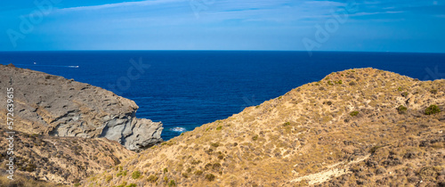 Rocky Coastline and Cliffs, Los Escullos, Cabo de Gata-Níjar Natural Park, UNESCO Biosphere Reserve, Hot Desert Climate Region, Almería, Andalucía, Spain, Europe