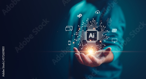 Ai technology, Artificial Intelligence. man using technology smart robot AI, artificial intelligence by enter command prompt for generates something, Futuristic technology transformation. Chat with AI