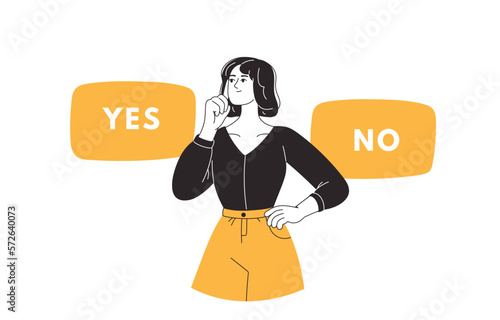Woman making decision. Person doubting,choosing between two alternatives, solving problems. Dilemma concept. Flat vector illustration