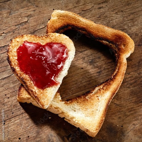 Heart shaped slice of breadwith jam on wood photo