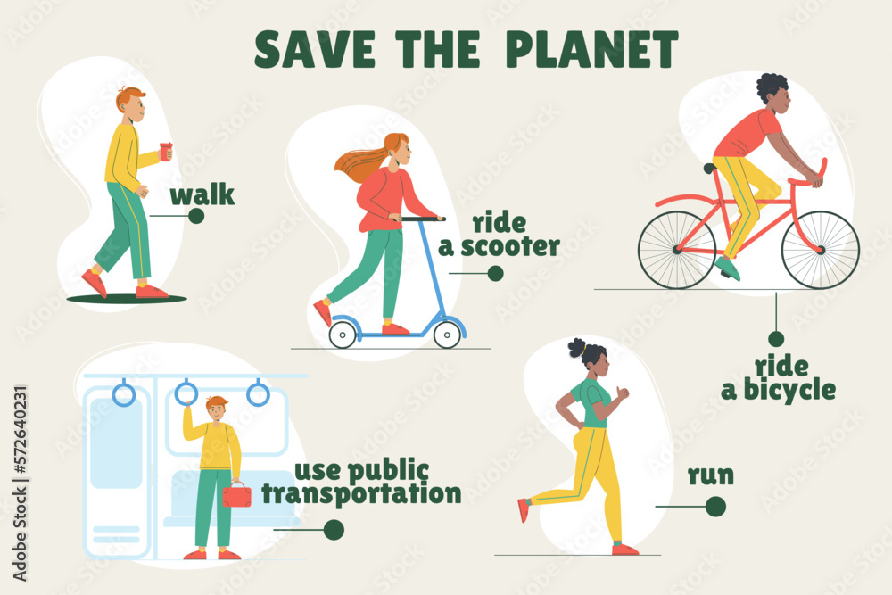 Infographic Save our planet. Refusal of personal transportation, cars.  World Health Day. Ecology.