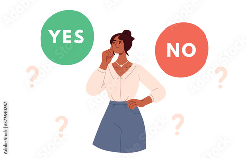Woman making decision. Person doubting,choosing between two alternatives, solving problems. Dilemma concept. Flat vector illustration