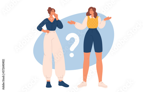 Women thinking about question. People making difficult choice. Dilemma concept. Flat vector illustration