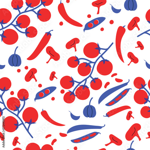 Flat vegetables. Cartoon vector organic vegetables. Pepper, tomatoes, cherry, pea, bean, mushrooms. Red and blue set fresh vegetables abstract illustration, seamless pattern.