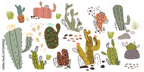 Vector set of colorful cactus plants in colored pots with outlines. Exotic and Tropical Plants - Cacti for design isolated on white background. Hand drawn cactus for design.