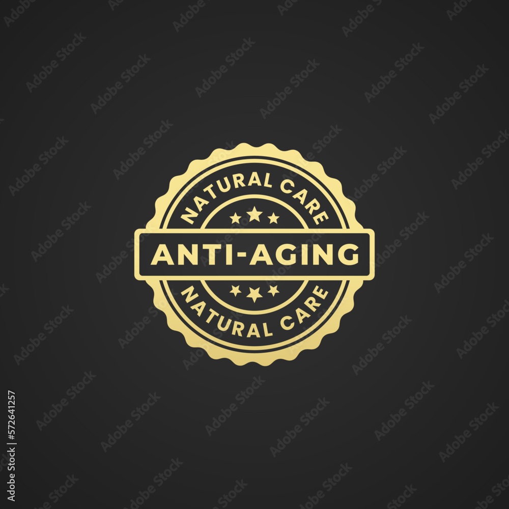 Anti Aging Seal Vector or Anti Aging Label Vector Isolated on Black Background. For facial care products. Anti aging label for facial skin health products. Natural anti aging seal with the best design
