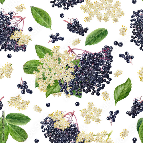 Tablou pe pânză Watercolor illustration seamless pattern of elderberries isolated on white background