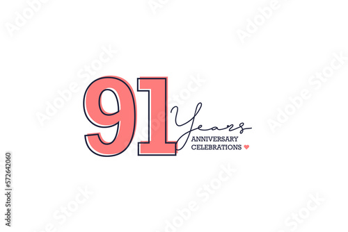 91 years anniversary. Anniversary template design concept with peach color and black line, design for event, invitation card, greeting card, banner, poster, flyer, book cover and print. Vector Eps10