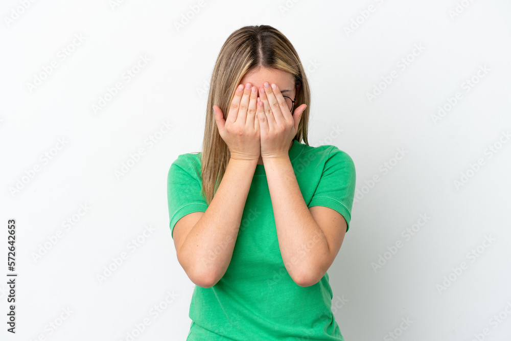 Young caucasian woman isolated on white background with tired and sick expression Young caucasian woman isolated on white background with tired and sick expression