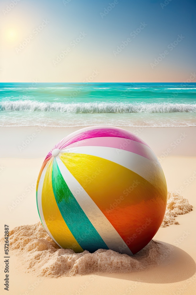 Closeup of a Beach Ball on a Tropical White Sandy Beach  (Generated with AI)