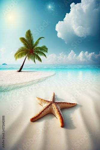 Closeup of a Starfish on a Tropical White Sandy Beach with a Palm Tree in the Background  Generated with AI 