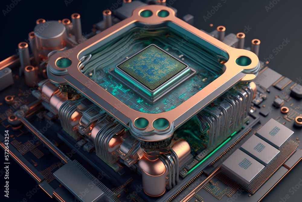 Fototapeta premium Generative AI illustration of macro shot of cyberspace board with computer motherboard and Central Processing Unit CPU