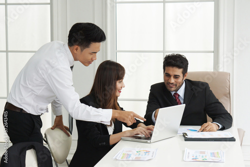 Happy success group of 
entrepreneurs business peoples discuss about the project Unity and teamwork concept.