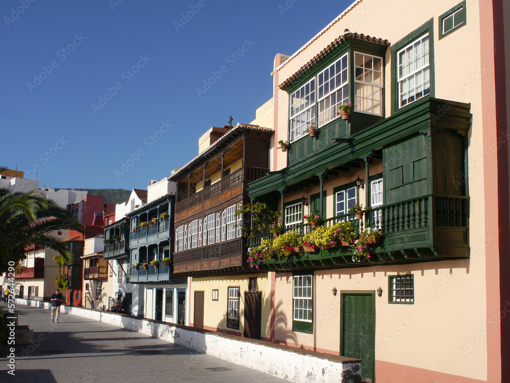 Typical balconies on the Avenida Maritima. Santa Cruz de La Palma with flowers. No people