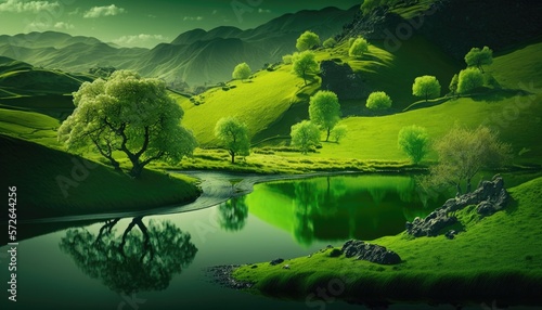 Beautiful landscape in green colors. Abstract green nature backgorund generative ai © 3D Station