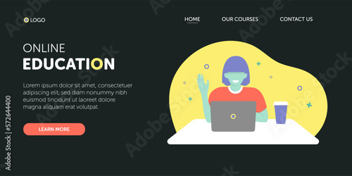 Online education landing page concept with a student, laptop and cup of coffee. Flat vector illustration