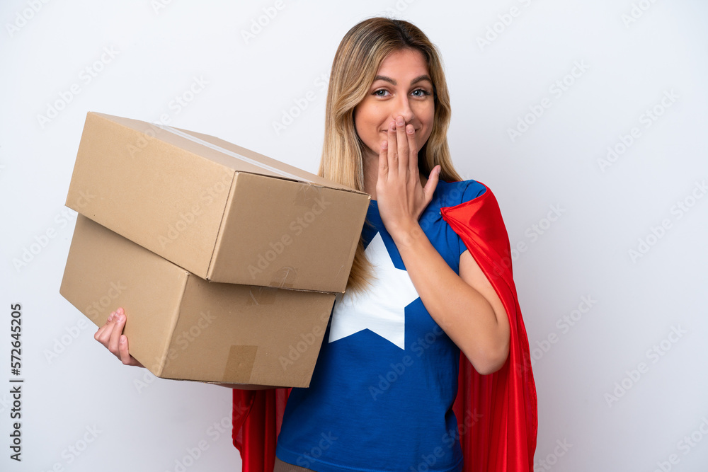 Super Hero delivery woman isolated on white background happy and smiling covering mouth with hand Super Hero delivery woman isolated on white background happy and smiling covering mouth with hand