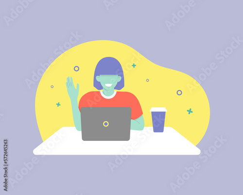 Gender diversity flat vector illustration with a student or worker, laptop and cup of coffee. 