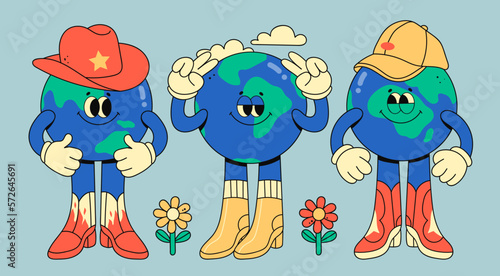 Set of Planet Earth characters. Cute Earth globe with emotions, face, arms, hats and legs in boots. Cartoon style. Hand drawn trendy Vector illustration. World earth day, caring for nature concept