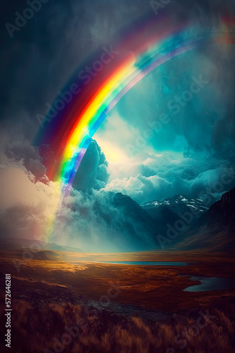 Beautiful breathtaking landscape with a rainbow in the clouds. Generative AI