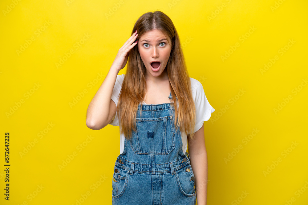 Young caucasian woman isolated on yellow background has realized something and intending the solution Young caucasian woman isolated on yellow background has realized something and intending the solution
