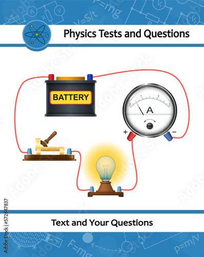 Physical experiment of studying measuring electric current, potential, voltage in an electrical circuit. An electric circuit consisting of connected lightbulbs, battery, conductors, switch, ammeter.
