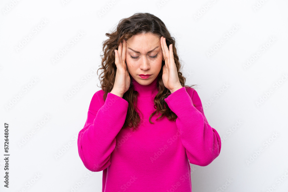 Young caucasian woman isolated on white background with headache Young caucasian woman isolated on white background with headache