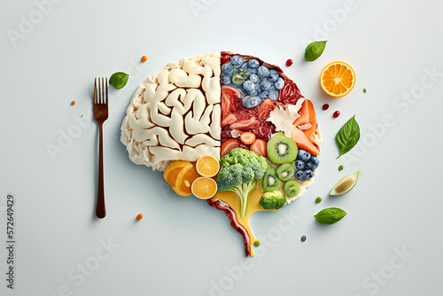 Brain with fruits, concept of healthy living and eating healthy food
