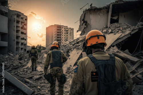 Rescuers in uniform and helmets. Help in earthquake and war zone (Generative AI)