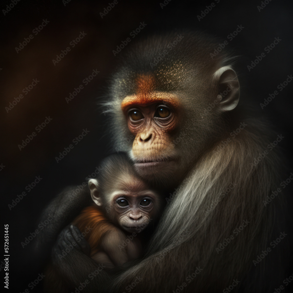 mother monkey holding and taking care of baby monkey. generative ai mother monkey holding and taking care of baby monkey. generative ai