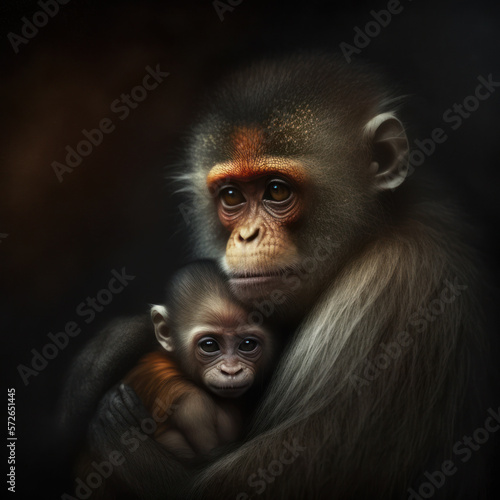 mother monkey holding and taking care of baby monkey. generative ai