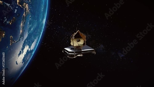 The James Webb Space Telescope orbiting in space, 3d artist rendering.	
 photo