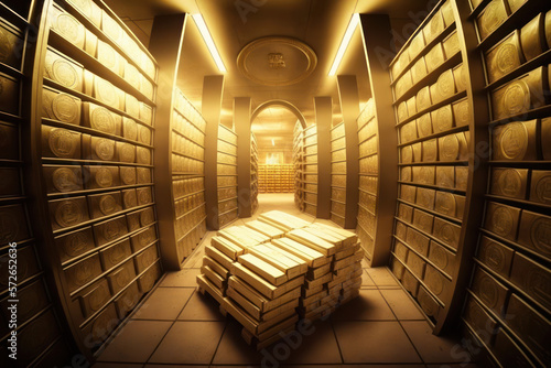 stack of gold ingots in security bank vault. generative ai