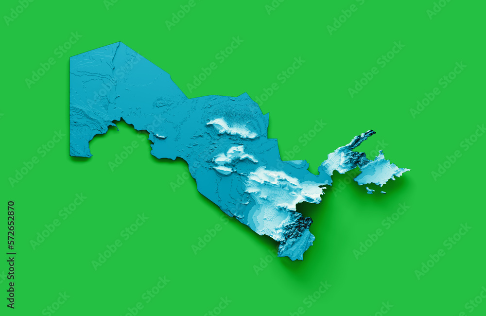 Uzbekistan map with the flag Colors Blue and Green Shaded relief map 3d illustration