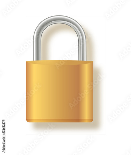 Closed metallic gold padlock icon. Design template in gold, steel padlock for privacy protection, web and mobile applications. Vector