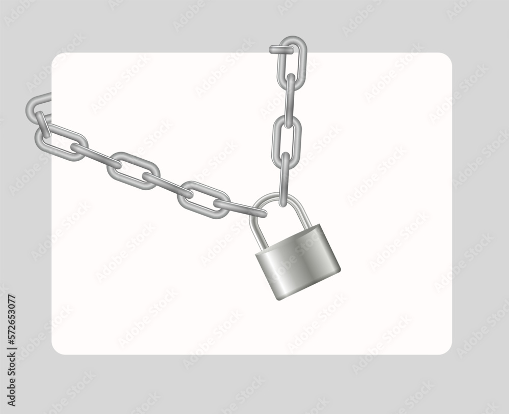 Padlock and chain. Gray metal chain and padlock, handcuffed card, vector Padlock and chain. Gray metal chain and padlock, handcuffed card, vector