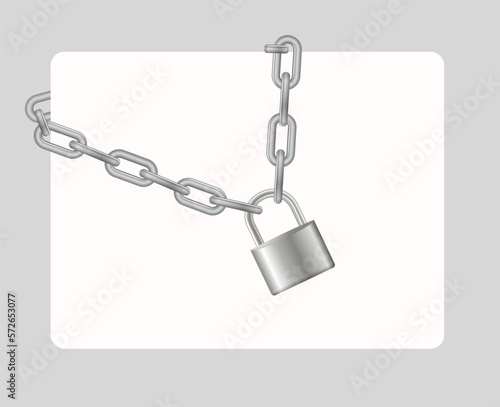 Padlock and chain. Gray metal chain and padlock, handcuffed card, vector