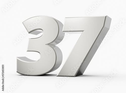 Silver 3d numbers 37 thirty seven. Isolated white background 3d illustration