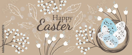 Happy Easter poster. Banner template with Easter eggs in a nest with feathers, flowers on a beige background. Congratulations on Easter. Suitable for Easter cards, banners - vector design.