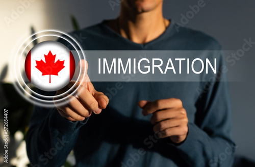 man with Canadian flag and word IMMIGRATION. virtual button photo