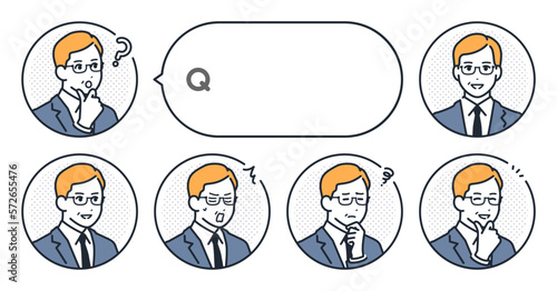 ミドル世代の男性経営者のシンプルな表情アイコンと吹き出しのベクターイラストセット素材