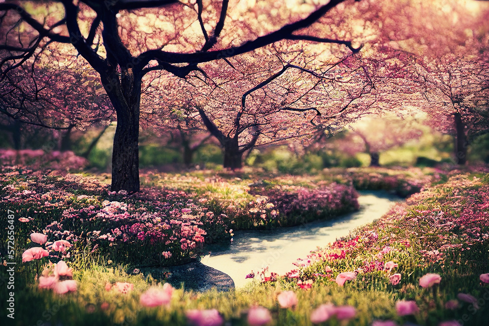 magical garden landscape with flowers and colorful trees generative ai illustration magical garden landscape with flowers and colorful trees generative ai illustration
